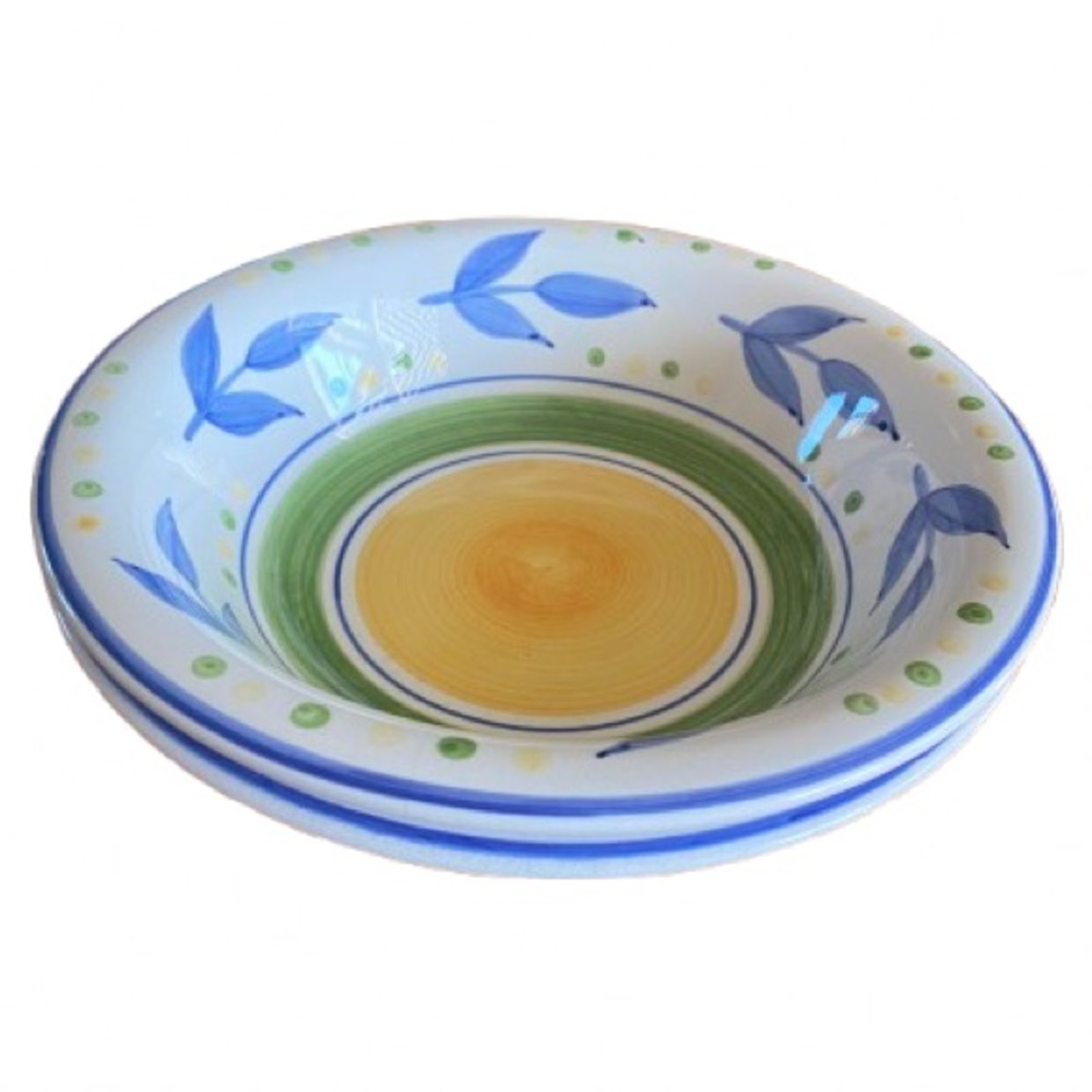 2 Gibson Clarisse Soup Salad Bowl Colorful Blue Yellow Green Boho Crazed 8.25”